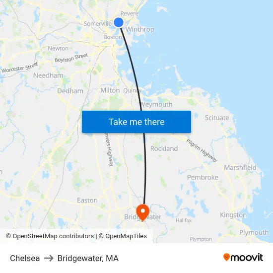 Chelsea to Bridgewater, MA map