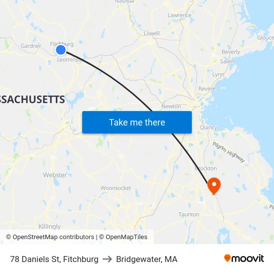 78 Daniels St, Fitchburg to Bridgewater, MA map
