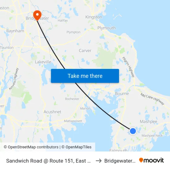 Sandwich Road @ Route 151, East Falmouth to Bridgewater, MA map