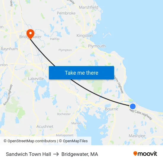 Sandwich Town Hall to Bridgewater, MA map