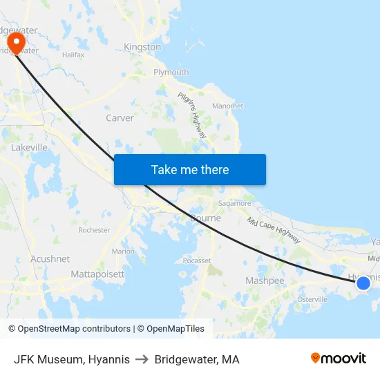 JFK Museum, Hyannis to Bridgewater, MA map