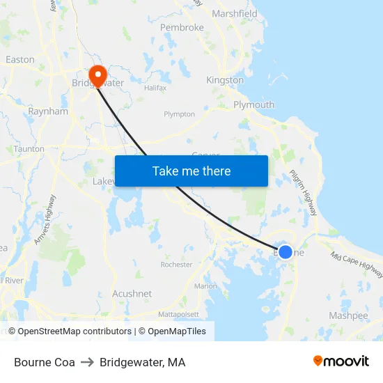 Bourne Coa to Bridgewater, MA map