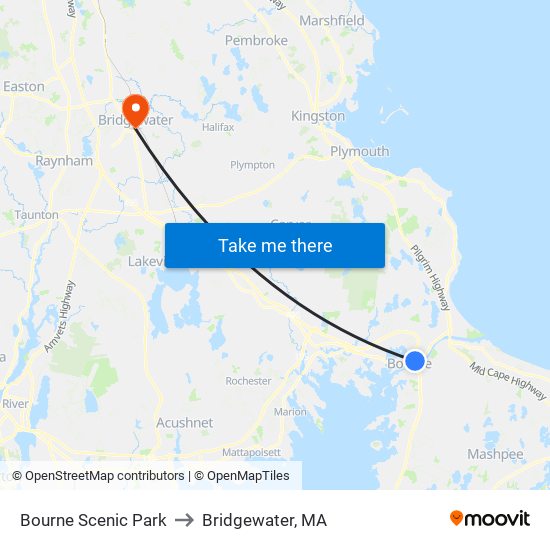 Bourne Scenic Park to Bridgewater, MA map