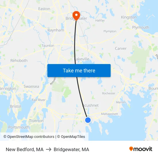New Bedford, MA to Bridgewater, MA map