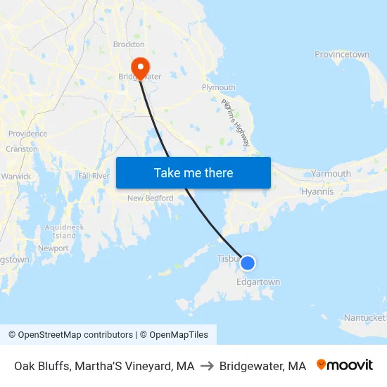 Oak Bluffs, Martha’S Vineyard, MA to Bridgewater, MA map