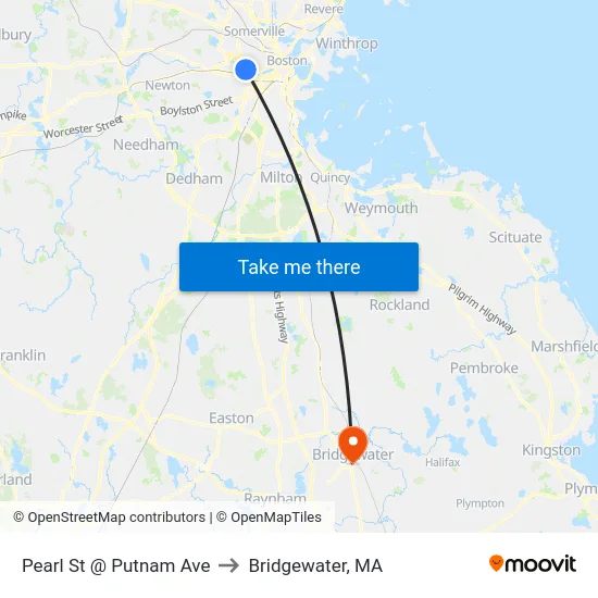 Pearl St @ Putnam Ave to Bridgewater, MA map