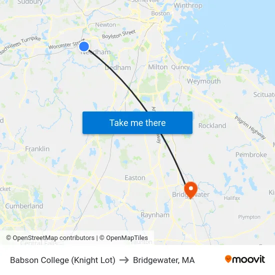 Babson College (Knight Lot) to Bridgewater, MA map