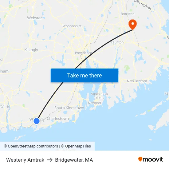 Westerly Amtrak to Bridgewater, MA map