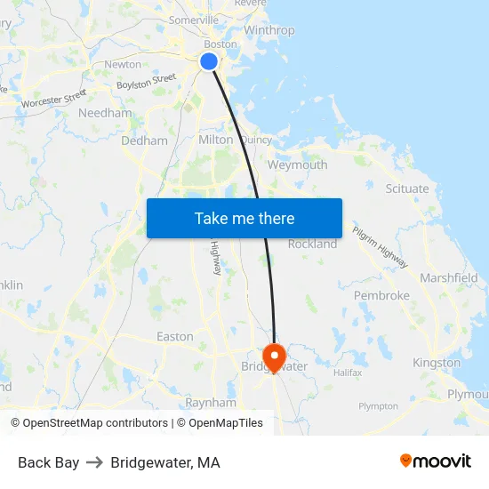 Back Bay to Bridgewater, MA map
