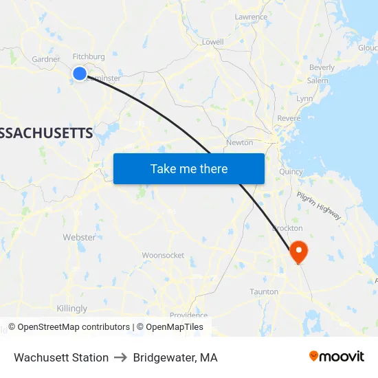 Wachusett Station to Bridgewater, MA map