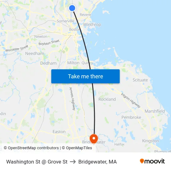 Washington St @ Grove St to Bridgewater, MA map