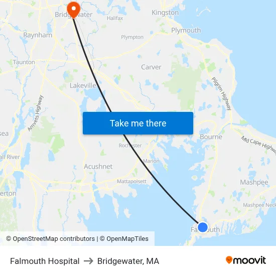 Falmouth Hospital to Bridgewater, MA map