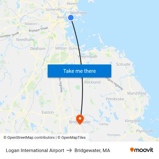 Logan International Airport to Bridgewater, MA map