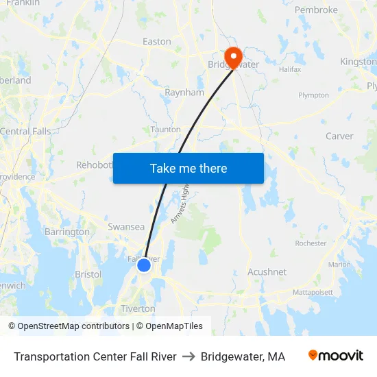 Transportation Center Fall River to Bridgewater, MA map
