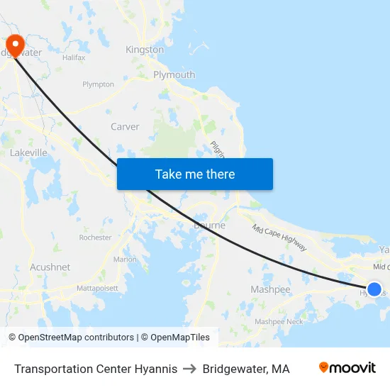Transportation Center Hyannis to Bridgewater, MA map