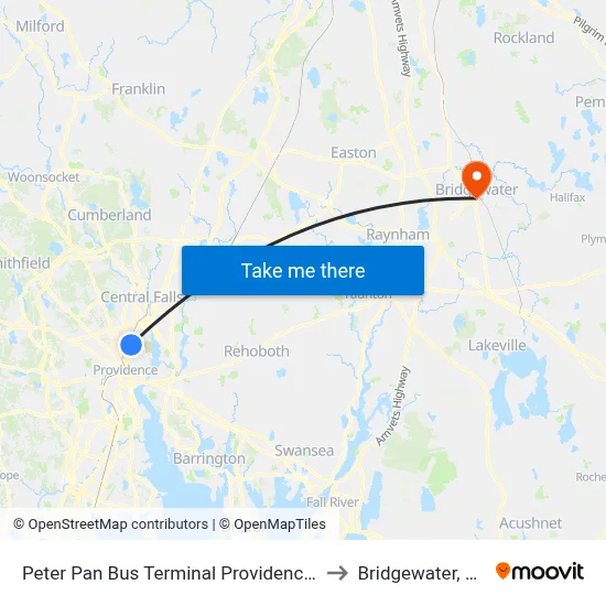 Peter Pan Bus Terminal Providence Ri to Bridgewater, MA map