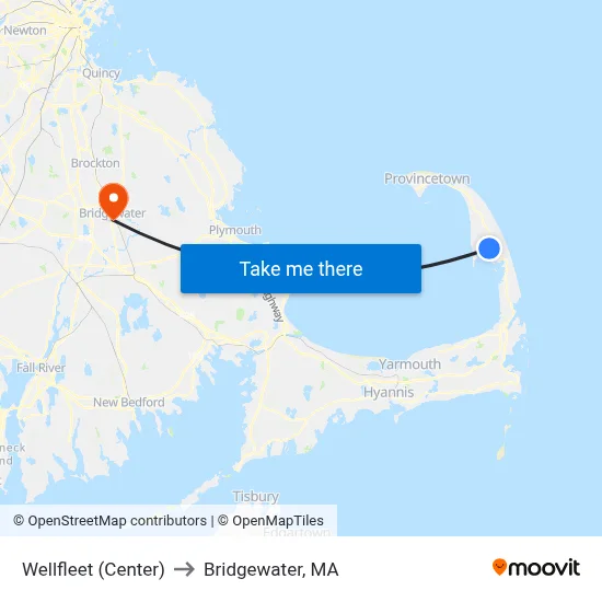 Wellfleet (Center) to Bridgewater, MA map