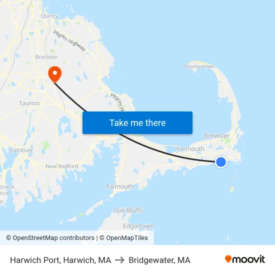 Harwich Port, Harwich, MA to Bridgewater, MA map