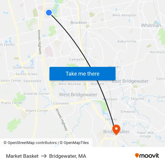 Market Basket to Bridgewater, MA map