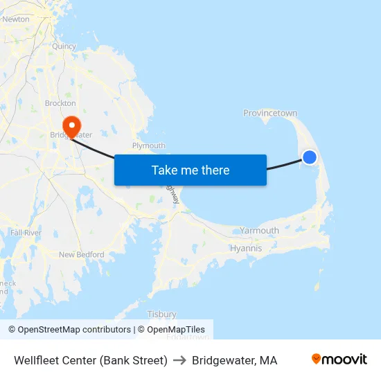 Wellfleet Center (Bank Street) to Bridgewater, MA map