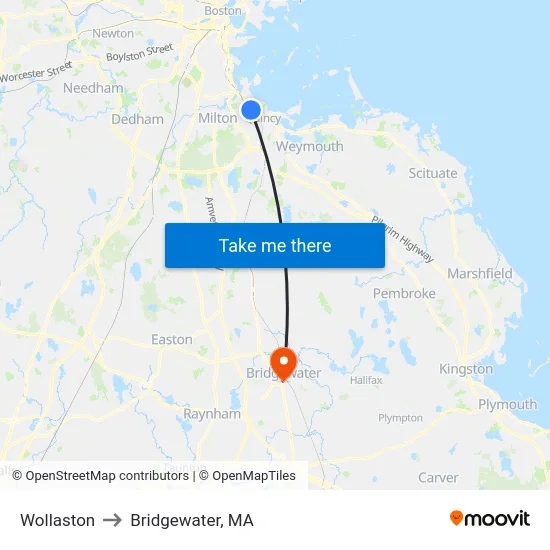 Wollaston to Bridgewater, MA map