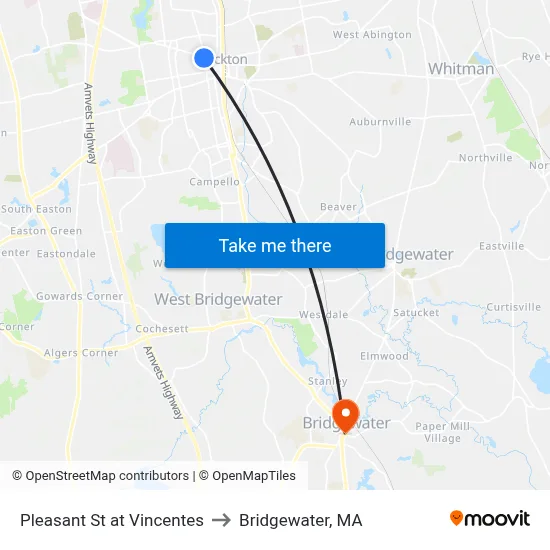 Pleasant St at Vincentes to Bridgewater, MA map