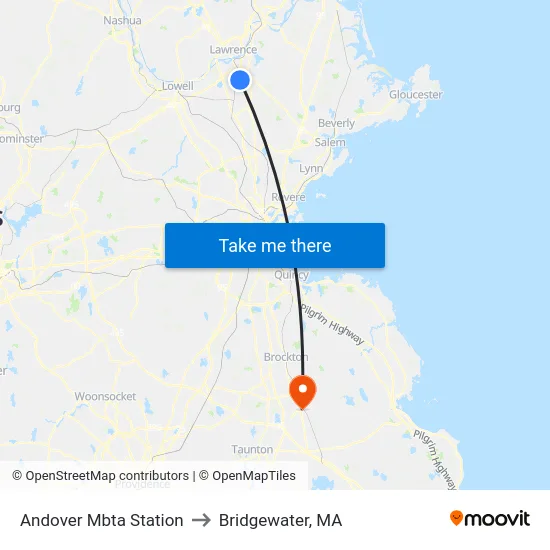 Andover Mbta Station to Bridgewater, MA map