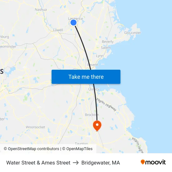 Water Street & Ames Street to Bridgewater, MA map
