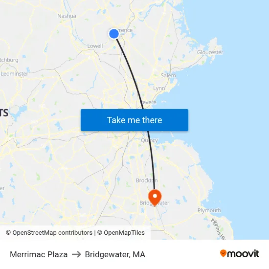 Merrimac Plaza to Bridgewater, MA map