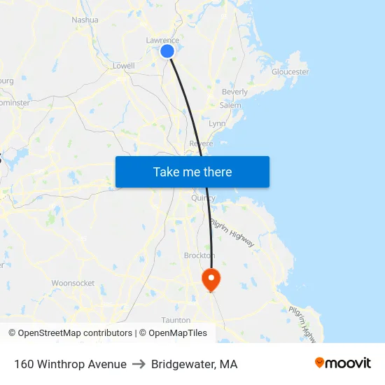 160 Winthrop Avenue to Bridgewater, MA map