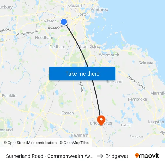 Sutherland Road - Commonwealth Ave @ Colborne Rd to Bridgewater, MA map