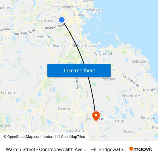 Warren Street - Commonwealth Ave @ Kelton St to Bridgewater, MA map