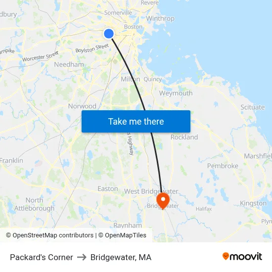Packard's Corner to Bridgewater, MA map