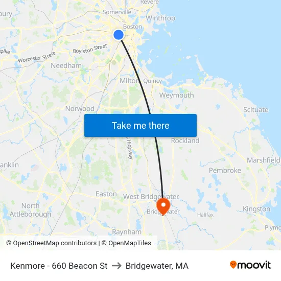 Kenmore - 660 Beacon St to Bridgewater, MA map