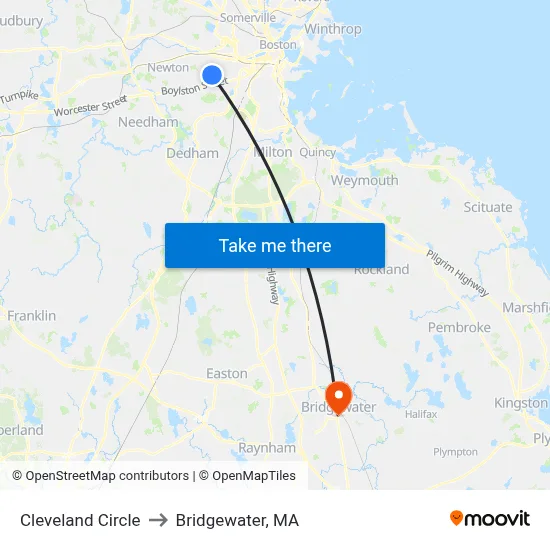 Cleveland Circle to Bridgewater, MA map