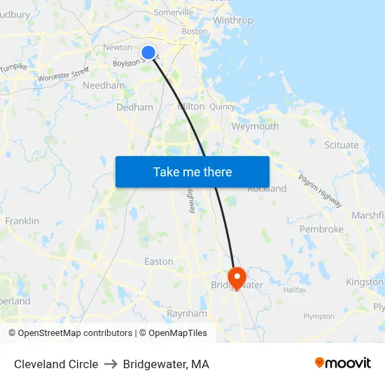 Cleveland Circle to Bridgewater, MA map