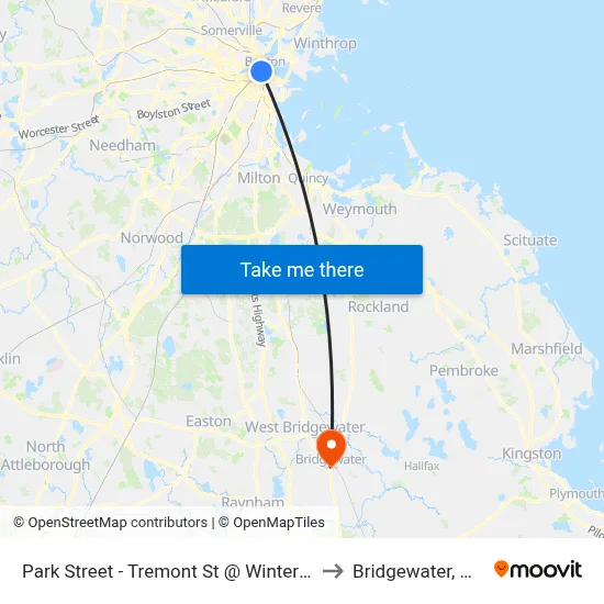 Park Street - Tremont St @ Winter St to Bridgewater, MA map