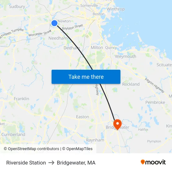 Riverside Station to Bridgewater, MA map