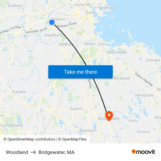 Woodland to Bridgewater, MA map