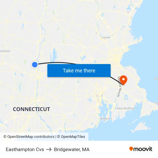 Easthampton Cvs to Bridgewater, MA map