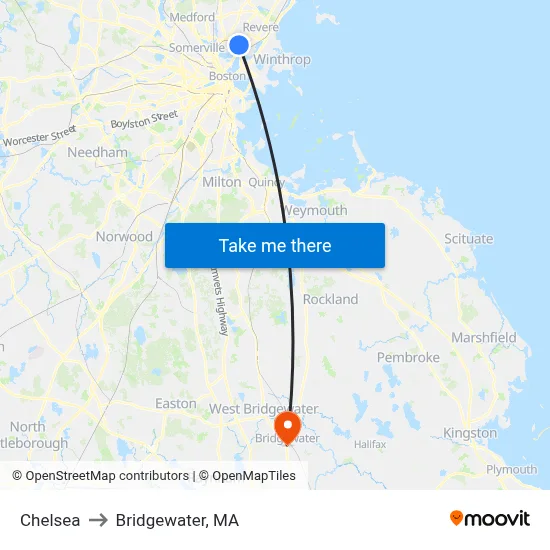 Chelsea to Bridgewater, MA map