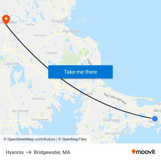 Hyannis to Bridgewater, MA map