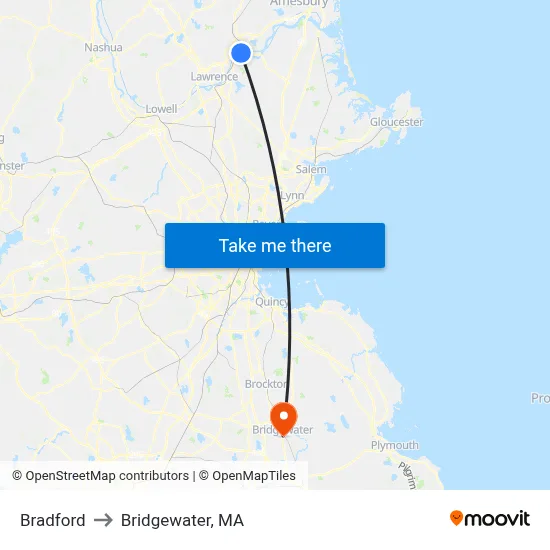 Bradford to Bridgewater, MA map