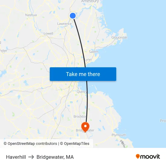 Haverhill to Bridgewater, MA map
