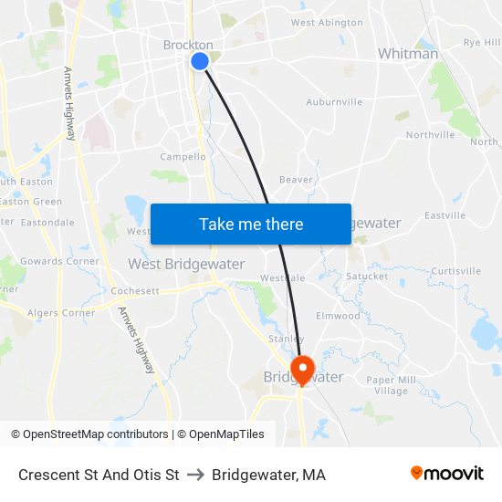 Crescent St And Otis St to Bridgewater, MA map