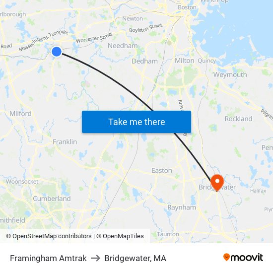 Framingham Amtrak to Bridgewater, MA map