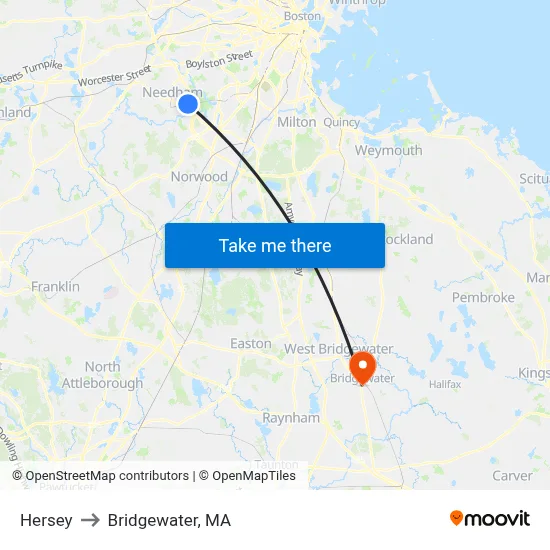 Hersey to Bridgewater, MA map