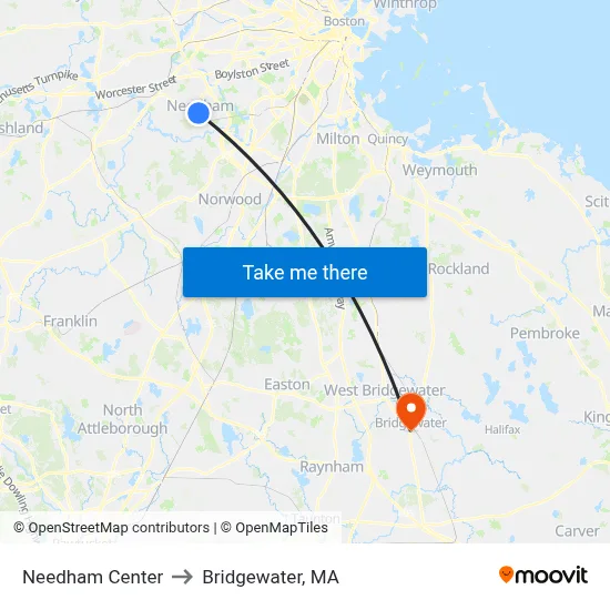 Needham Center to Bridgewater, MA map