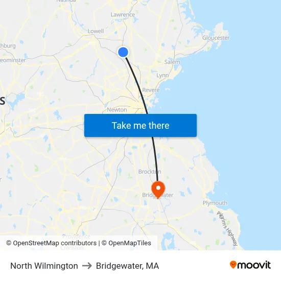 North Wilmington to Bridgewater, MA map