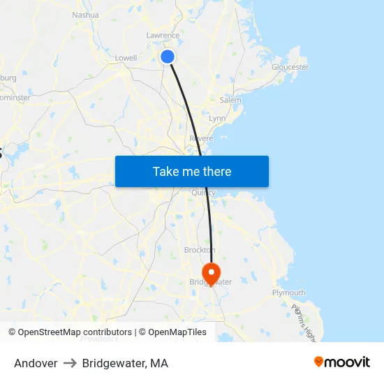Andover to Bridgewater, MA map